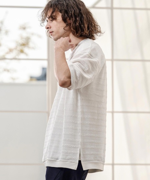 CAMBIO(カンビオ)の「mt10316- Shadow Lace Knit Tee ニットTシャツ(AI-261-013)(Tシャツ/カットソー・メンズ・ホワイト/ブラック・L/M)」の5枚目の写真