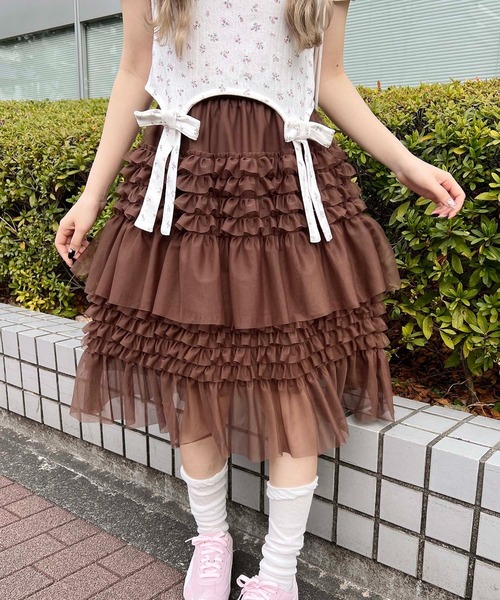 WC(ダブル シー)の「フリルシアーミドルスカート(スカート・レディース・ブラウン/ホワイト・FREE)」の1枚目の写真