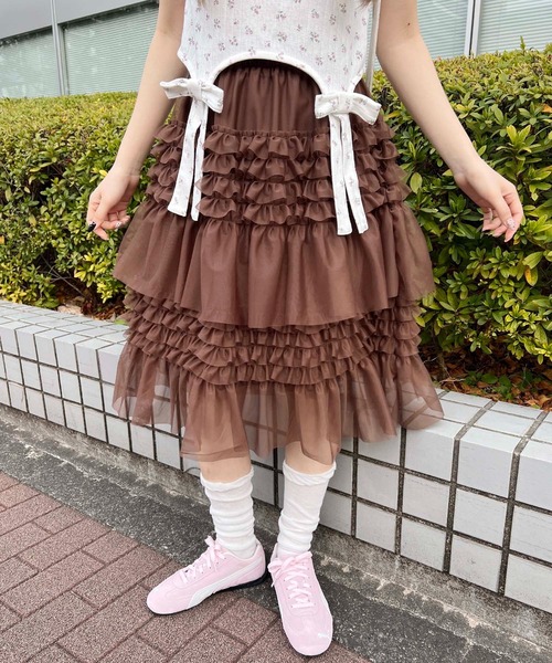 WC(ダブル シー)の「フリルシアーミドルスカート(スカート・レディース・ブラウン/ホワイト・FREE)」の3枚目の写真
