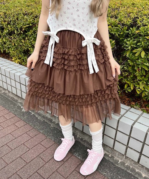 WC(ダブル シー)の「フリルシアーミドルスカート(スカート・レディース・ブラウン/ホワイト・FREE)」の5枚目の写真