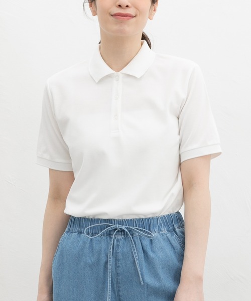 Honeys(ハニーズ)の「【ハニさら・アクティブウェア・吸水速乾・抗菌防臭・UVカット】半袖ポロシャツ(Tシャツ/カットソー・レディース・ブラック×ホワイト/レッド/ピンク/ブラック/サックスブルー/アイボリー/ネイビー/杢グレー/オフホワイト・M/LL/L/3L/S)」の2枚目の写真