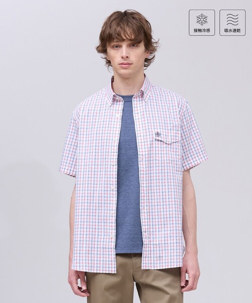J.PRESS(ジェイプレス)の「ひんやりで品あり【吸水速乾 / 接触冷感 / 高通気性】Aero Weave クールマックスサッカー チェック シャツ / B.D.(シャツ/ブラウス・メンズ・グリーン系3/レッド系3/ネイビー系3・MEDIUM/LARGE/X-LARGE)」の1枚目の写真