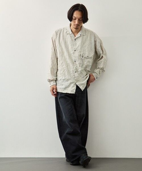 and wander(アンドワンダー)の「【and wander/アンドワンダー】washer pleated open LS shirt(シャツ/ブラウス・メンズ・ブラック/アイボリー・L/M)」の8枚目の写真