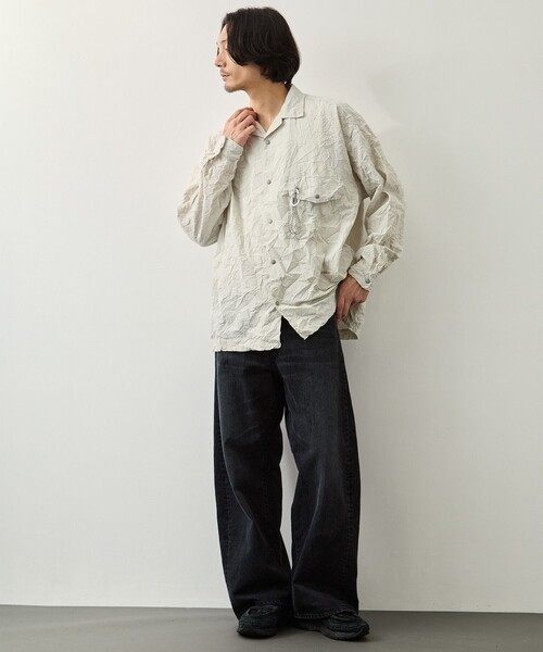 and wander(アンドワンダー)の「【and wander/アンドワンダー】washer pleated open LS shirt(シャツ/ブラウス・メンズ・ブラック/アイボリー・L/M)」の7枚目の写真