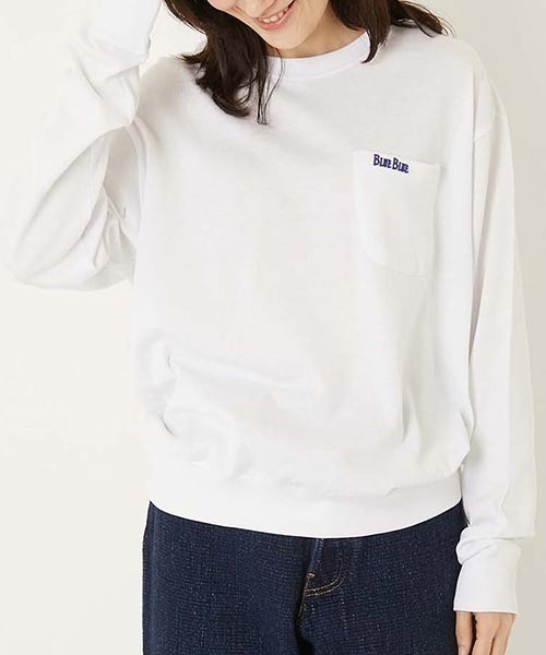 BLUE BLUE(ブルーブルー)の「FRUIT OF THE LOOM × BLUE BLUE /ニットライククルーネックポケットシャツ(スウェット・メンズ・ホワイト/ネイビー・S/M/L)」の5枚目の写真