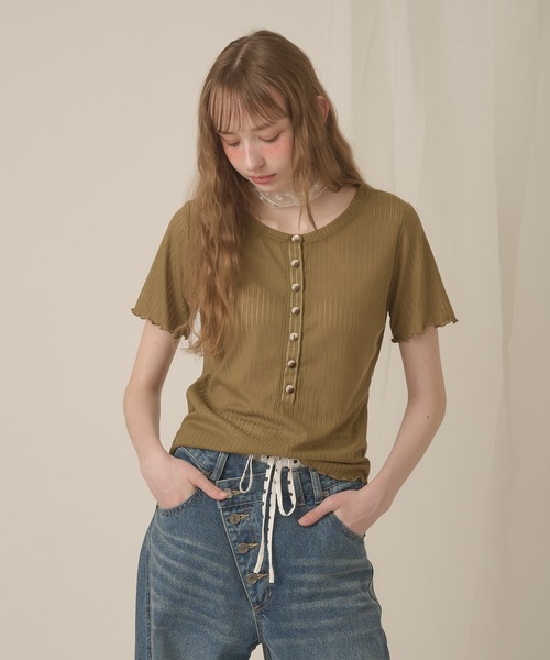 hazyl（ヘイジル）の「sheer rib henley tops / シアーリブヘンリートップス（Tシャツ/カットソー・レディース・カーキ/アイボリー・フリー）」の22枚目の写真