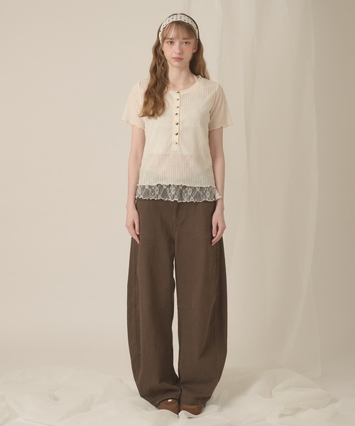 hazyl（ヘイジル）の「sheer rib henley tops / シアーリブヘンリートップス（Tシャツ/カットソー・レディース・カーキ/アイボリー・フリー）」の3枚目の写真