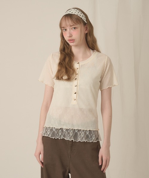 hazyl（ヘイジル）の「sheer rib henley tops / シアーリブヘンリートップス（Tシャツ/カットソー・レディース・カーキ/アイボリー・フリー）」の9枚目の写真