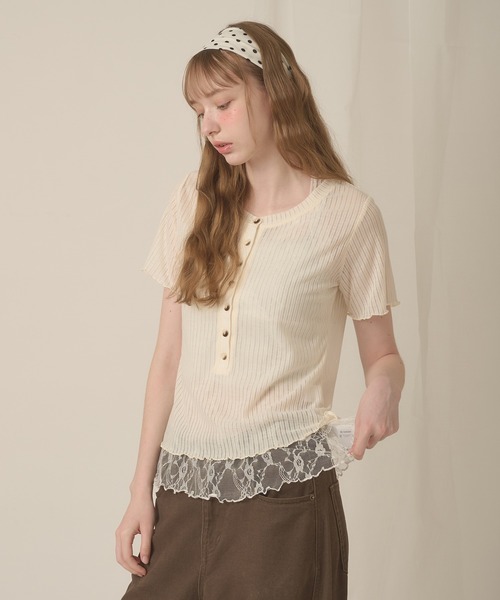 hazyl（ヘイジル）の「sheer rib henley tops / シアーリブヘンリートップス（Tシャツ/カットソー・レディース・カーキ/アイボリー・フリー）」の12枚目の写真