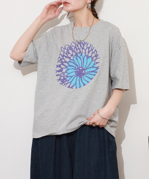 BARNDOOR（バーンドア）の「20/-天竺 ダリア プリント T 26SS 半袖（Tシャツ/カットソー・レディース・ネイビー/杢グレー/オフホワイト・FREE）」の2枚目の写真