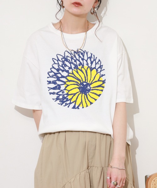BARNDOOR（バーンドア）の「20/-天竺 ダリア プリント T 26SS 半袖（Tシャツ/カットソー・レディース・ネイビー/杢グレー/オフホワイト・FREE）」の5枚目の写真
