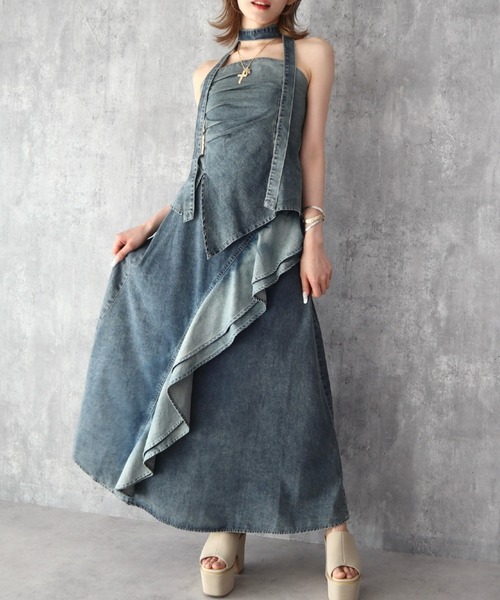 CECIL McBEE(セシルマクビー)の「ボウタイ付きデニムセットアップ(ワンピース・レディース・ブラック/サックスブルー・MEDIUM)」の2枚目の写真