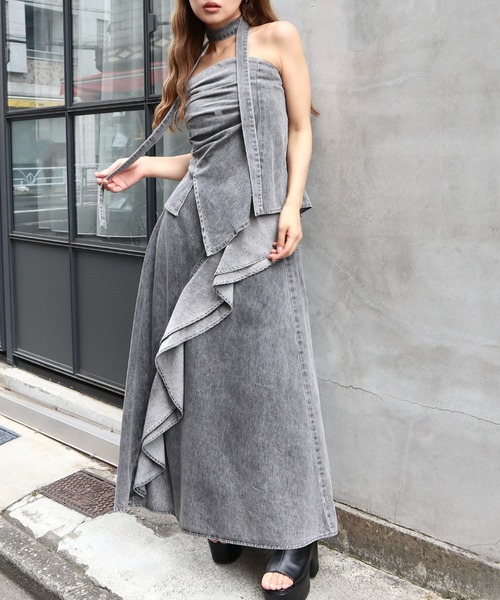 CECIL McBEE(セシルマクビー)の「ボウタイ付きデニムセットアップ(ワンピース・レディース・ブラック/サックスブルー・MEDIUM)」の1枚目の写真