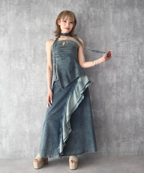 CECIL McBEE(セシルマクビー)の「ボウタイ付きデニムセットアップ(ワンピース・レディース・ブラック/サックスブルー・MEDIUM)」の4枚目の写真
