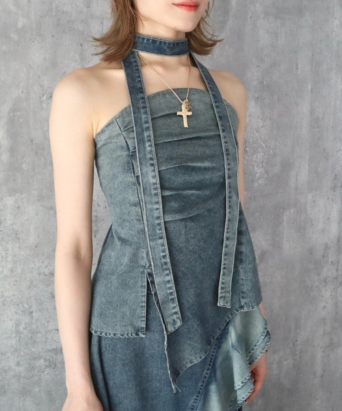 CECIL McBEE(セシルマクビー)の「ボウタイ付きデニムセットアップ(ワンピース・レディース・ブラック/サックスブルー・MEDIUM)」の8枚目の写真