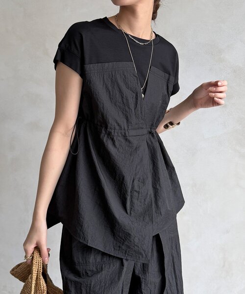 DouDou(ドゥドゥ)の「【WEB限定/セットアップ可能】ワッシャーナイロンビスチェドッキングTEE(Tシャツ/カットソー・レディース・ブラック/ベージュ・FREE)」の1枚目の写真