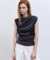 DRAPED SHIRRING SLEEVELESS TOP_CHARCOAL