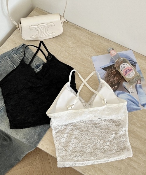 Ritzy（リッツィー）の「総レース カシュクール風 シアーショート丈 ノースリーブ キャミブラウス（キャミソール・レディース・ブラック/ホワイト・FREE）」の5枚目の写真