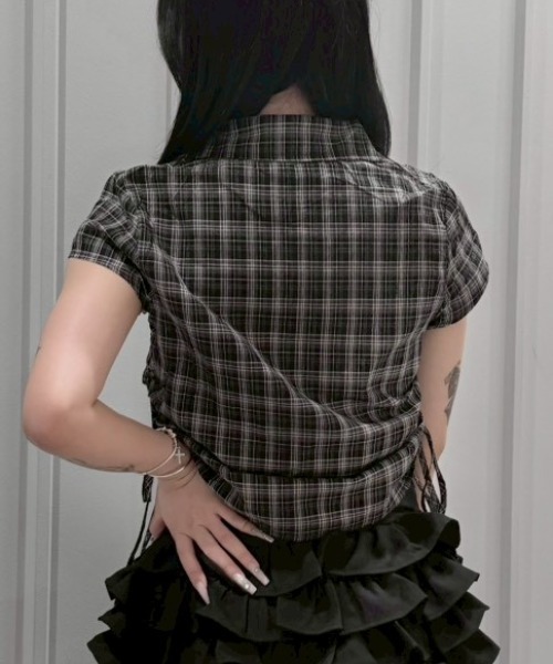 Never mind the XU / Chikashitsu+(ネバーマインド ザ エックスユー / チカシツプラス)の「【nmtc+】Drawstring Check Shirt / 【エヌエムティーシープラス】サイドリボン半袖チェックシャツ(シャツ/ブラウス・レディース・ブラック・ONE SIZE)」の20枚目の写真