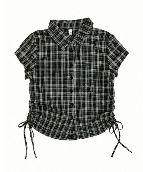 Never mind the XU / Chikashitsu+(ネバーマインド ザ エックスユー / チカシツプラス)の「【nmtc+】Drawstring Check Shirt / 【エヌエムティーシープラス】サイドリボン半袖チェックシャツ(シャツ/ブラウス・レディース・ブラック・ONE SIZE)」の15枚目の写真