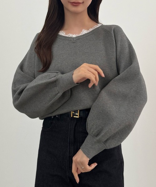 CENEA(セネア)の「レースドッキングニットトップス(ニット/セーター・レディース・ブラック/グレー/アイボリー・LARGE/MEDIUM)」の3枚目の写真