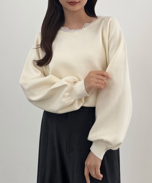 CENEA(セネア)の「レースドッキングニットトップス(ニット/セーター・レディース・ブラック/グレー/アイボリー・LARGE/MEDIUM)」の2枚目の写真