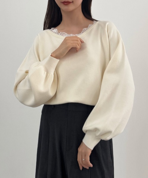CENEA(セネア)の「レースドッキングニットトップス(ニット/セーター・レディース・ブラック/グレー/アイボリー・LARGE/MEDIUM)」の4枚目の写真