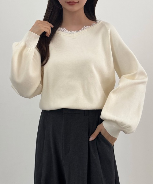 CENEA(セネア)の「レースドッキングニットトップス(ニット/セーター・レディース・ブラック/グレー/アイボリー・LARGE/MEDIUM)」の5枚目の写真
