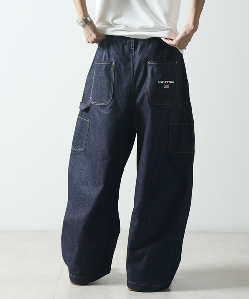 NAUTICA(ノーティカ)の「NAUTICA/ノーティカ ワイドカーブシルエット フラッグロゴ ダブルニー ペインターパンツ(デニムパンツ・メンズ・ブラック/ネイビー/オフホワイト/サックスブルー・MEDIUM/LARGE/X-LARGE)」の9枚目の写真
