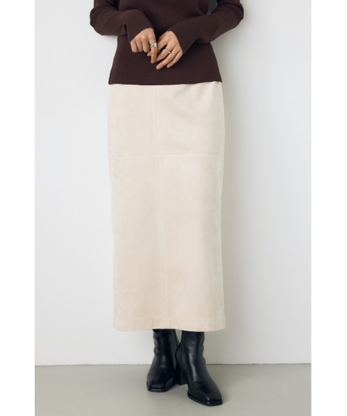 AZUL by moussy(アズールバイマウジー)の「フェイクレザー/スエードパネル切替タイトスカート 秋服 ロングスカート 冬服(スカート・レディース・ダークブラウン/ブラック/ブラック系その他2/アイボリー・SMALL/MEDIUM)」の2枚目の写真