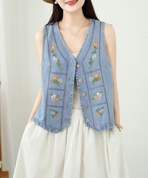花刺繍デニムVネックベスト