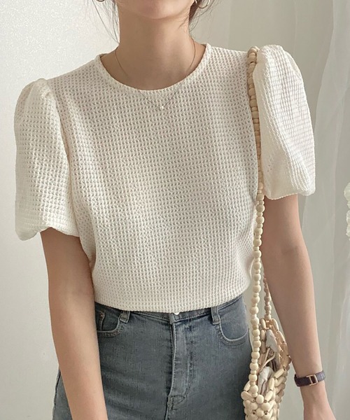 Girly Doll(ガーリードール)の「ワッフル地パフスリーブカットソー(Tシャツ/カットソー・レディース・ベージュ/ブルー/ピンク・FREE)」の10枚目の写真