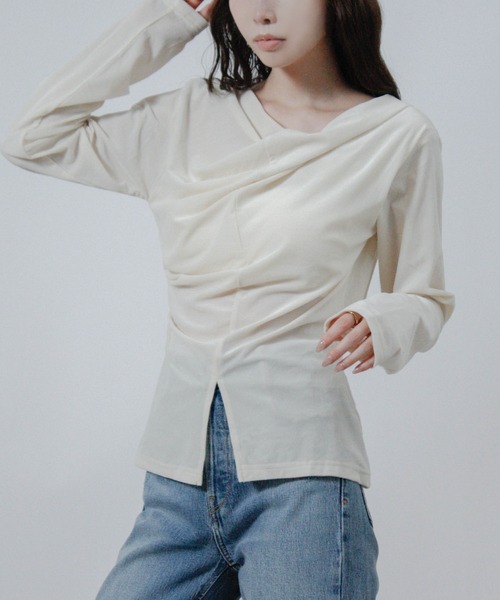 Social GIRL(ソーシャルガール)の「シアー ベロア カシュクール トップス(Tシャツ/カットソー・レディース・ブラック/アイボリー/イエロー・M)」の4枚目の写真