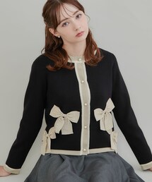 【リボンが主役】配色 総針スカラカーディガン