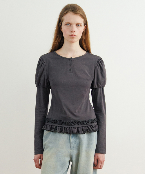 SINOON(シヌーン)の「Balloon Puff Layered Sleeve (Charcoal)(Tシャツ/カットソー・レディース・チャコールグレー・SMALL/MEDIUM)」の3枚目の写真