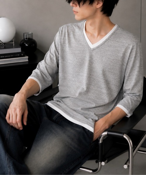 UP START（アップスタート）の「【Bls】 【ZM】【Bling Leads】レイヤード風 7分袖カットソー(BL)（Tシャツ/カットソー・メンズ・グレー/ホワイト/ブラック・X-LARGE/LARGE）」の3枚目の写真