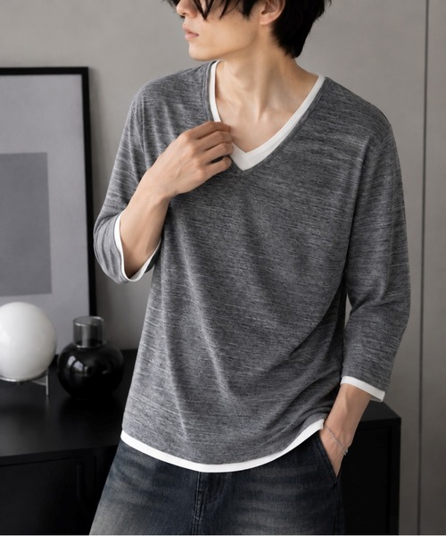 UP START（アップスタート）の「【Bls】 【ZM】【Bling Leads】レイヤード風 7分袖カットソー(BL)（Tシャツ/カットソー・メンズ・グレー/ホワイト/ブラック・X-LARGE/LARGE）」の2枚目の写真