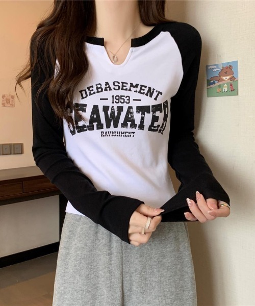 Lips（リップス）の「スリットネックとバイカラーデザインが映える！大人カジュアルなロゴラグランTシャツ（Tシャツ/カットソー・レディース・ベージュ/ホワイト・FREE）」の6枚目の写真