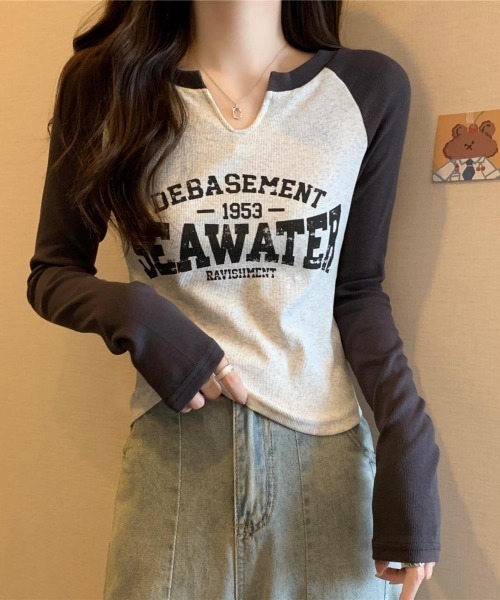 Lips（リップス）の「スリットネックとバイカラーデザインが映える！大人カジュアルなロゴラグランTシャツ（Tシャツ/カットソー・レディース・ベージュ/ホワイト・FREE）」の8枚目の写真