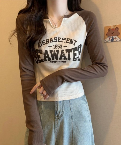 Lips（リップス）の「スリットネックとバイカラーデザインが映える！大人カジュアルなロゴラグランTシャツ（Tシャツ/カットソー・レディース・ベージュ/ホワイト・FREE）」の12枚目の写真