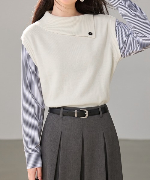 LUCPY（ラクピー）の「ストライプシャツドッキングニットプルオーバー（その他トップス・レディース・グレー/ホワイト・X-LARGE/SMALL/LARGE/MEDIUM）」の2枚目の写真