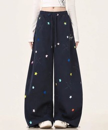 【秋冬新作】2色展開 星形カットアウト&刺繍 総柄プリントワイドパンツ