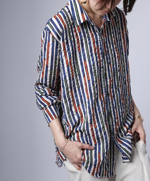 antiqua(アンティカ)の「デザインストライプシャツ(シャツ/ブラウス・レディース・レッド/アイボリー・M/L/XL)」の1枚目の写真