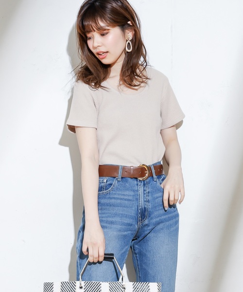 natural couture(ナチュラルクチュール)の「オニワッフルショートTシャツ(Tシャツ/カットソー・レディース・ブラック/ベージュ/オフホワイト/オレンジ/ミント・FREE)」の7枚目の写真