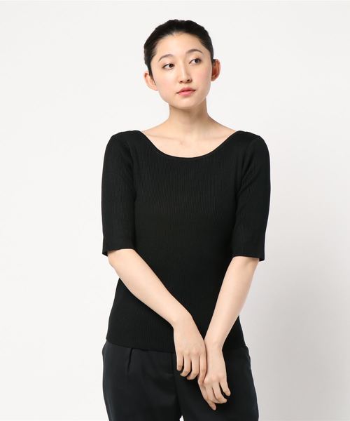 KOBE LETTUCE（コウベレタス）の「バックオープンバレエ5分袖リブサマーニット（ニット/セーター・レディース・ブラック/パープル/ブルー/グリーン/アイボリー/モカ/ホワイト×ブラック・FREE）」の4枚目の写真