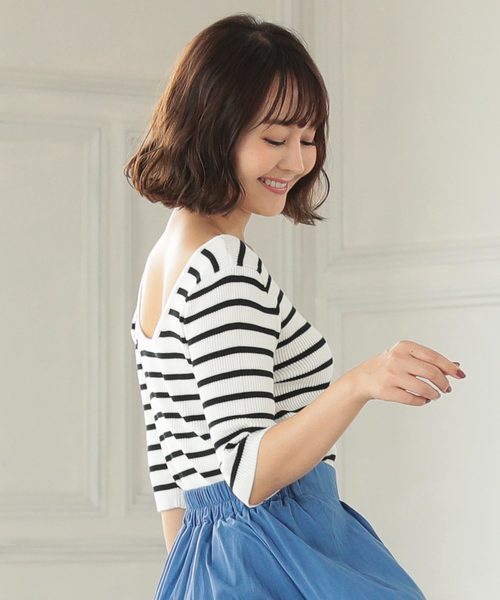 KOBE LETTUCE（コウベレタス）の「バックオープンバレエ5分袖リブサマーニット（ニット/セーター・レディース・ブラック/パープル/ブルー/グリーン/アイボリー/モカ/ホワイト×ブラック・FREE）」の3枚目の写真