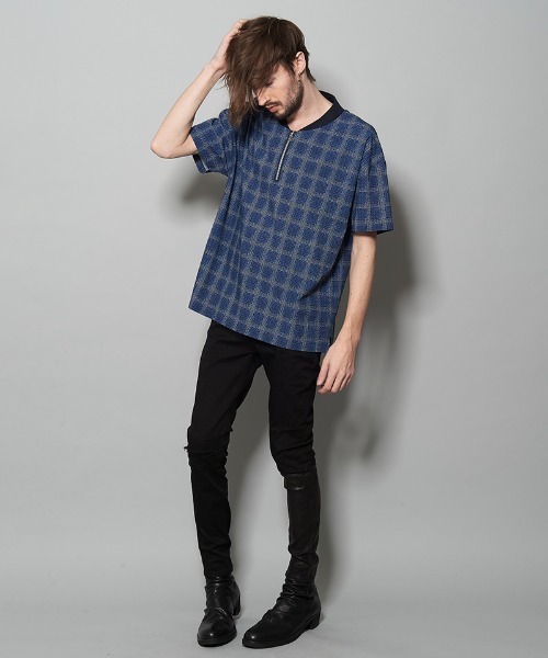 NO ID.(ノーアイディ)の「mhs1554-シアサッカーチェックZIP-PO(シャツ/ブラウス・メンズ・ブラック/ネイビー・1/2)」の7枚目の写真