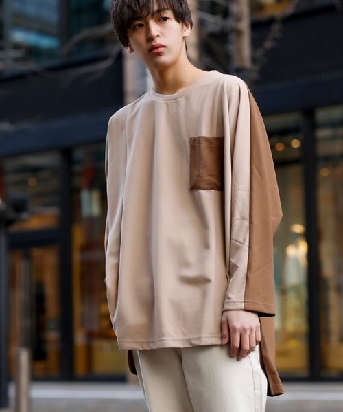 Beno（ビーノ）の「カットジョーゼット / ロングテール スイッチ ドルマン ビッグシルエット ロンT（Tシャツ/カットソー・メンズ・ブルー/ライトカーキ/ベージュ/ブラック/オフホワイト・FREE）」の3枚目の写真