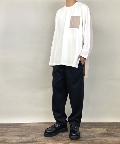 Beno（ビーノ）の「カットジョーゼット / ロングテール スイッチ ドルマン ビッグシルエット ロンT（Tシャツ/カットソー・メンズ・ブルー/ライトカーキ/ベージュ/ブラック/オフホワイト・FREE）」の6枚目の写真