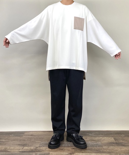 Beno（ビーノ）の「カットジョーゼット / ロングテール スイッチ ドルマン ビッグシルエット ロンT（Tシャツ/カットソー・メンズ・ブルー/ライトカーキ/ベージュ/ブラック/オフホワイト・FREE）」の8枚目の写真